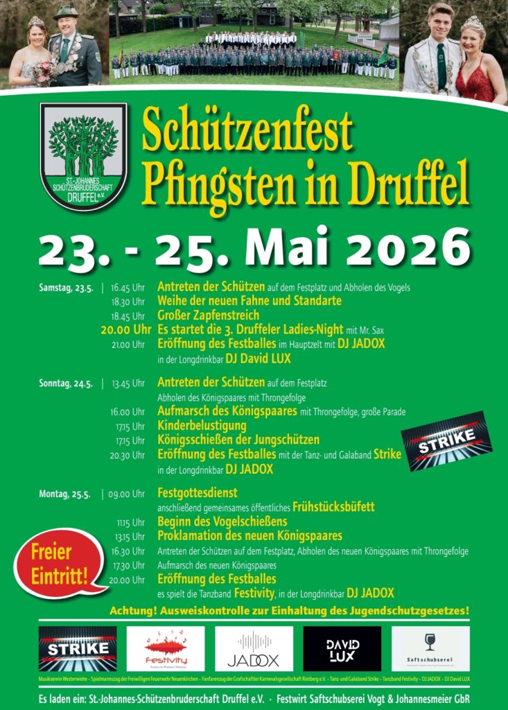 Festfolge zum Schützenfest Druffel in Pfingsten vom 23.-25. Mai 2026