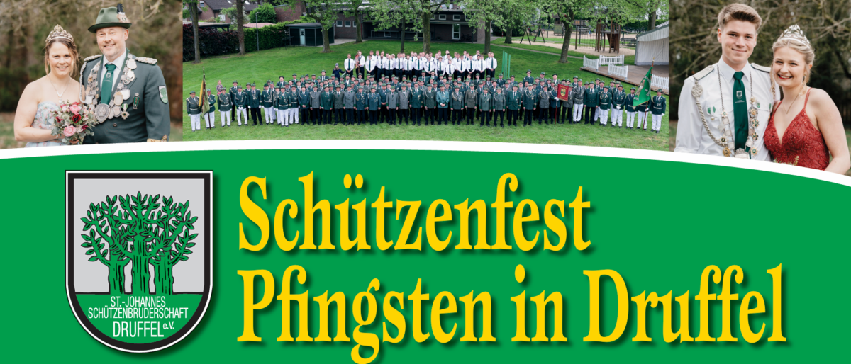 Schützenfest Pfingsten in Druffel 2026. Titelbild mit Königspaar Thomas und Corinna Hansmeier und Jungschützenpaar Tobias Erlei mit Leonie Mertens