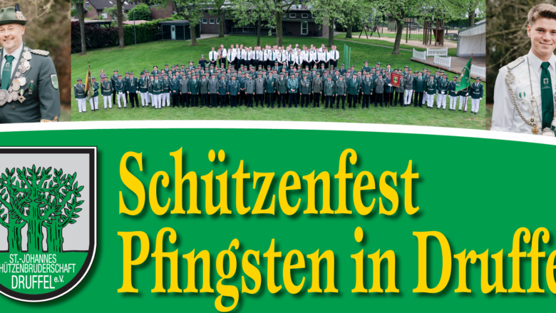 Schützenfest Pfingsten in Druffel 2026. Titelbild mit Königspaar Thomas und Corinna Hansmeier und Jungschützenpaar Tobias Erlei mit Leonie Mertens